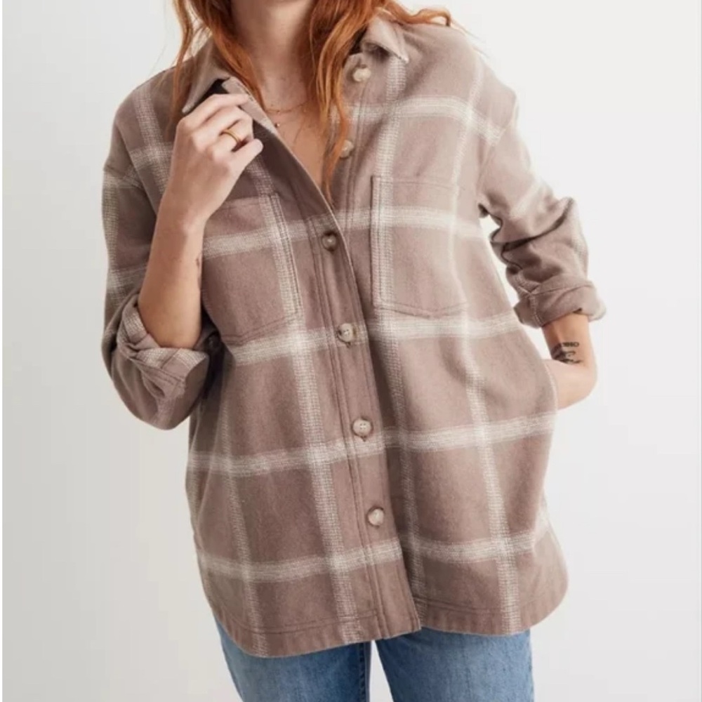 Madewell Kentwood Shirt Jacket Shacket Windowpane Flannel Tan Cream XS